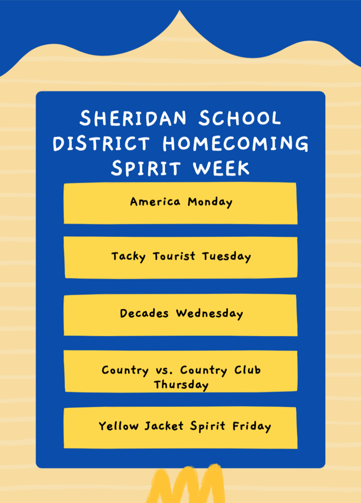 Image that provides information about Sheridan School District Homecoming Spirit Week.