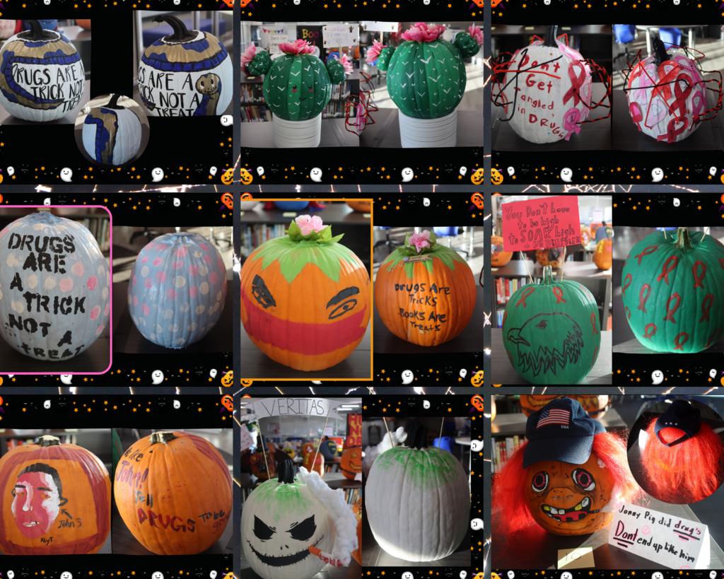 Image that has 9 pumpkins that were decorated for Red Ribbon Week.