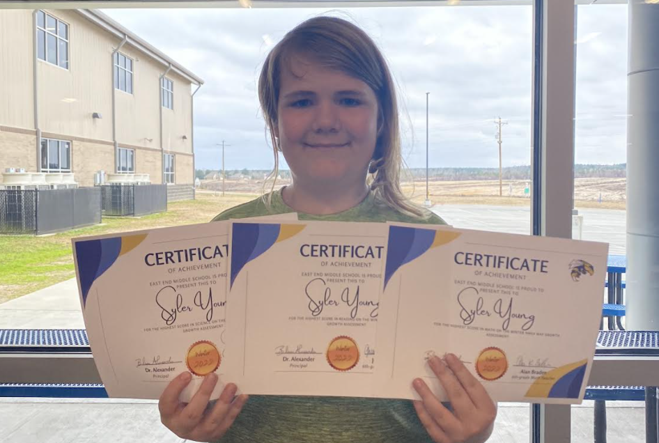 Syler Young had the highest score on all three tested areas in 6th-grade.